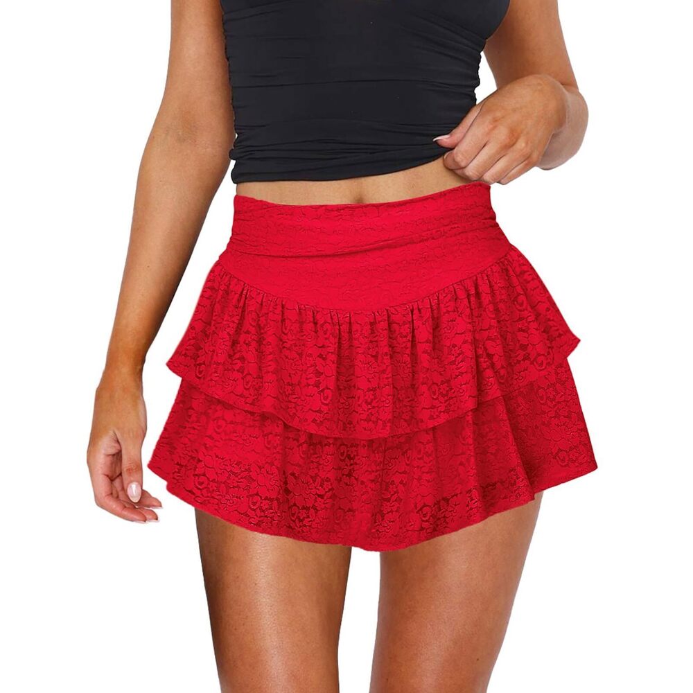 6299 Cute Ruffle Mini Skirt Y2K Party Club Short Skirts Sexy Red Lace